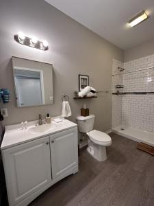 La salle de bains est pourvue d'un lavabo, de toilettes et d'une douche. dans l'établissement Flexhome Economy 2BR Apt MP6 - READ INFO, à Milwaukee