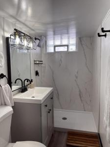 ein Bad mit einem Waschbecken, einem WC und einer Dusche in der Unterkunft Flexhome East Side 1BR Apt EN1 - READ INFO in Milwaukee