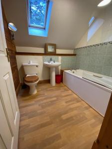 a bathroom with a toilet and a sink and a bath tub at Great Glen Holidays - Lone Pine Lodge in Torlundy