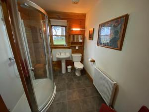 uma casa de banho com um chuveiro, um WC e um lavatório. em Great Glen Holidays - Lone Pine Lodge em Torlundy