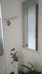 einen Spiegel und eine Vase mit Blumen im Zimmer in der Unterkunft Apartman Lana in Bajina Bašta
