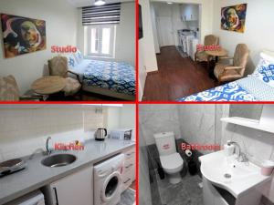 Quatre photos différentes d'une cuisine et d'une salle de bains dans l'établissement Istanberry - Royal Apartments, à Istanbul