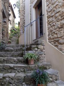 eine Steintreppe mit Topfpflanzen neben einem Gebäude in der Unterkunft Casa Torre con terrazza panoramica in Futani