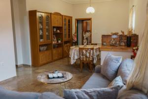 een woonkamer met een bank en een tafel bij Tsigkos Apartment ! in Áno Dholoí