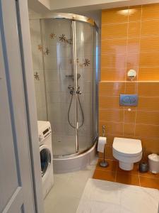 a bathroom with a shower and a washing machine at Apartament przy promenadzie Mikolajki. in Mikołajki