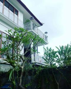 ウブドにあるDharma Shanti - Spacious Villa with Pool in UBUDのバルコニーと木々のある白い建物