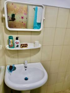 ein Badezimmer mit einem weißen Waschbecken und einem Spiegel in der Unterkunft Kandy River Reach -Home Stay in Kandy