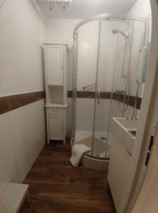 a small bathroom with a shower and a sink at u cioci Lutki urocze mieszkanie z balkonem in Kraków