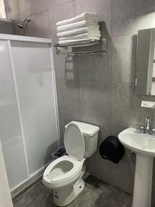 uma casa de banho com um WC, um chuveiro e um lavatório. em Posada 53 em Mazatlán