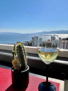 ein Glas Wein auf einem Tisch neben einem Kaktus in der Unterkunft Adria Sky in Rijeka