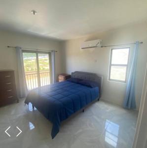 a bedroom with a blue bed and a window at 2 Bedroom House in Discovery Bay