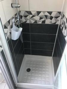 La salle de bains est pourvue d'une douche avec du carrelage noir et blanc. dans l'établissement L'atelier Abbevillois by H2C, à Abbeville