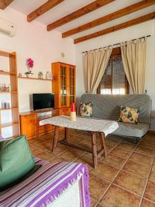 ein Wohnzimmer mit einem Sofa und einem Tisch in der Unterkunft Casa rural Río Grande, Coín in Coín