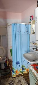 baño con cortina de ducha con pescado en Guesthouse Sjenicic, en Guča