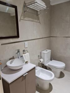 W łazience znajduje się umywalka, toaleta i lustro. w obiekcie Paseo De La Cisterna UF 320 w BuenosAires