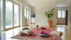 een woonkamer met kussens op een tapijt bij Pension & Seminarhaus "Haus am Fluss" in Laurenburg