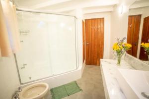 a bathroom with a shower and a toilet and a sink at Casa das Pedras in Monte Verde