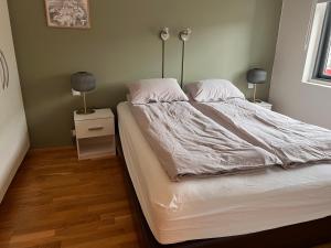 1 dormitorio con 1 cama grande y 2 lámparas. en Klettaborg en Akureyri