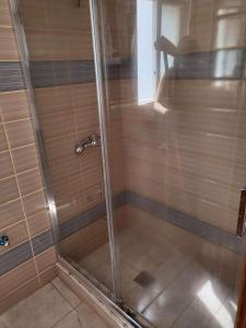 a shower with a glass door in a bathroom at Mertonas Studios in Karpathos