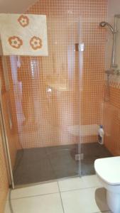 a bathroom with a glass shower with a toilet at Increíble casa frente al mar , planta baja in Torredembarra