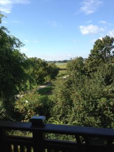 a view from the porch of a house with trees at Johanneshof Gästehaus in Hockenheim