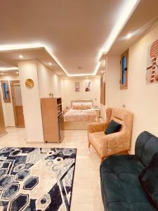 ein Wohnzimmer mit einem Bett und einem Sofa in der Unterkunft El mansour hotel apartmen 91 in Mansoura