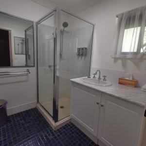 uma casa de banho com um chuveiro e um lavatório. em Gallery Motel em Murwillumbah