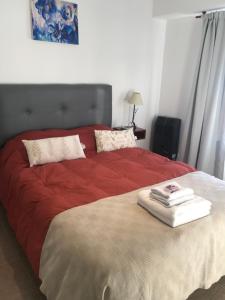 1 dormitorio con 1 cama grande con manta roja en departamento tandil centro en Tandil