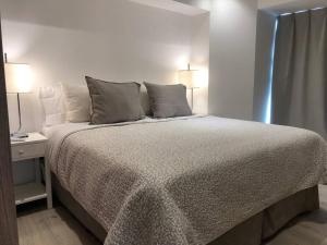 een slaapkamer met een groot bed met 2 lampen bij Moderno dpto a estrenar. Excelente ubicación. in Mendoza