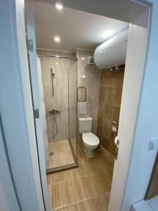 La salle de bains est pourvue d'une douche et de toilettes. dans l'établissement Студио Симона 4 - първа линия море, à Lozenets