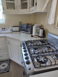a kitchen with a stove top oven in a kitchen at Belle Cove in Gros Islet