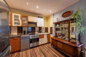a large kitchen with wooden floors and wooden cabinets at Apartament artystyczny w rynku. in Lądek-Zdrój