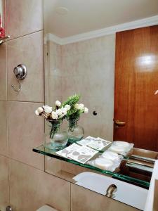 un baño con una encimera de cristal con flores. en MENDOZA Suites 8 en Mendoza