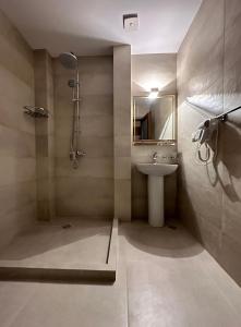 a bathroom with a shower and a sink at Karse in Ambrolauri
