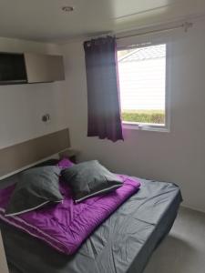 a bedroom with a bed with purple sheets and a window at SAS MHVACANCES LOUE MOBILHOME 2 CHAMBRES PROCHE CHATEAUX et ZOO BEAUVAL in Onzain