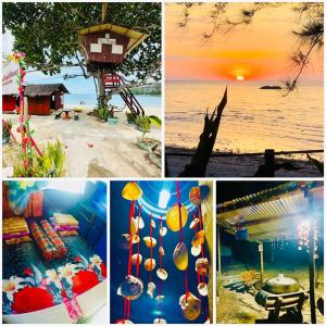 eine Collage mit Bildern eines Strandes mit Sonnenuntergang in der Unterkunft Dragon Pearl Beach Resort in Kota Belud