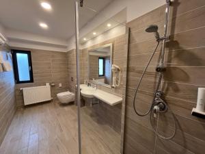 a bathroom with a shower and a toilet and a sink at Charm Boutique Hotel in Satu Mare