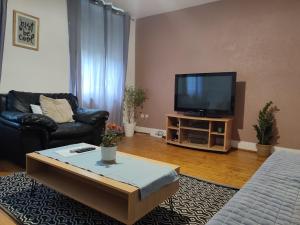 a living room with a couch and a television at Appartement chaleureux in Haguenau