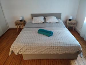 um quarto com uma cama com uma almofada azul em Appartement chaleureux em Haguenau