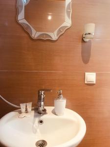 een badkamer met een wastafel en een spiegel bij Ushba Cottages in Mazeri