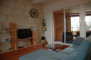 ein Wohnzimmer mit einem Sofa und einem TV in der Unterkunft L'Appel de la Loire in Saumur