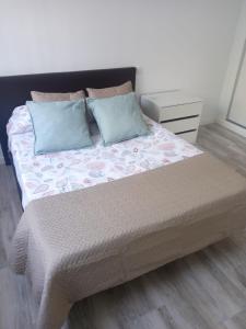 a bedroom with a large bed with blue pillows at APARTAMENTO BAJO ALCOBENDAS in Alcobendas