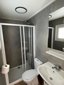 a bathroom with a shower and a toilet and a sink at Zee en duin in IJmuiden