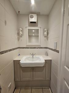 a bathroom with a sink and a mirror at Holly Lodge in Norwich