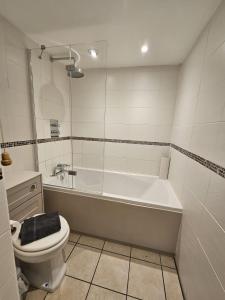 a bathroom with a white tub and a toilet at Holly Lodge in Norwich