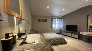1 dormitorio con 1 cama y TV en Triplex en Cévennes, en Saint-Jean-du-Gard