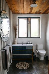 a bathroom with a sink and a toilet at Strawbale Cottage - Wingspread Garden in Strath Creek