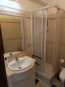 y baño con lavabo y ducha. en Alojamento local Família Coelho en Quinta do Conde