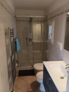 uma casa de banho com um chuveiro, um WC e um lavatório. em Villa La Pila Bilo em Marina di Campo