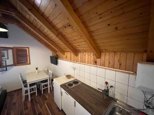 - une cuisine avec un évier et une table dans une chambre dans l'établissement Cesargradska klet, à Tuhelj
